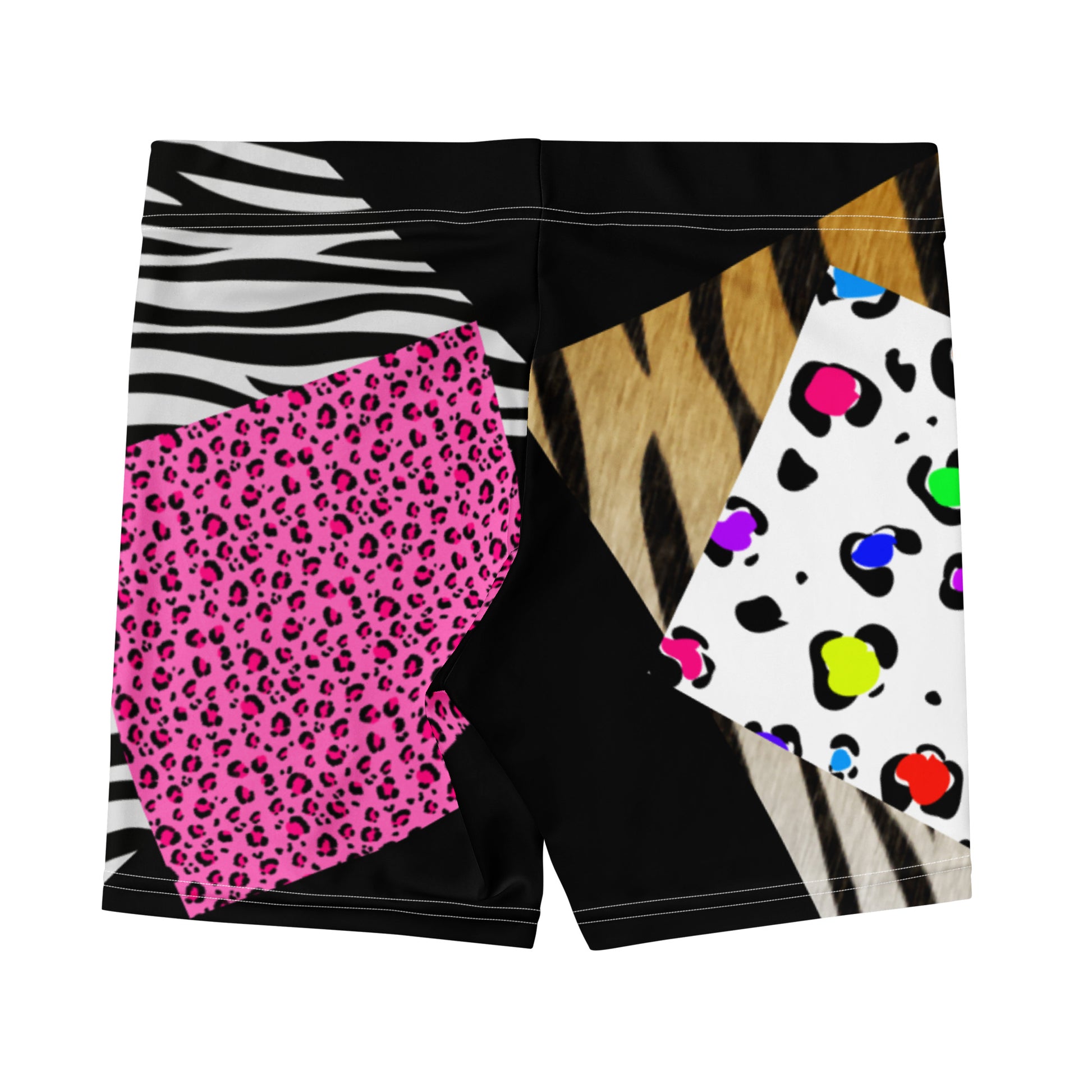 Women’s white all-over print shorts with primal pattern design from Eccentric Chemistry’s Laboratory of Strange & Stylish Things.