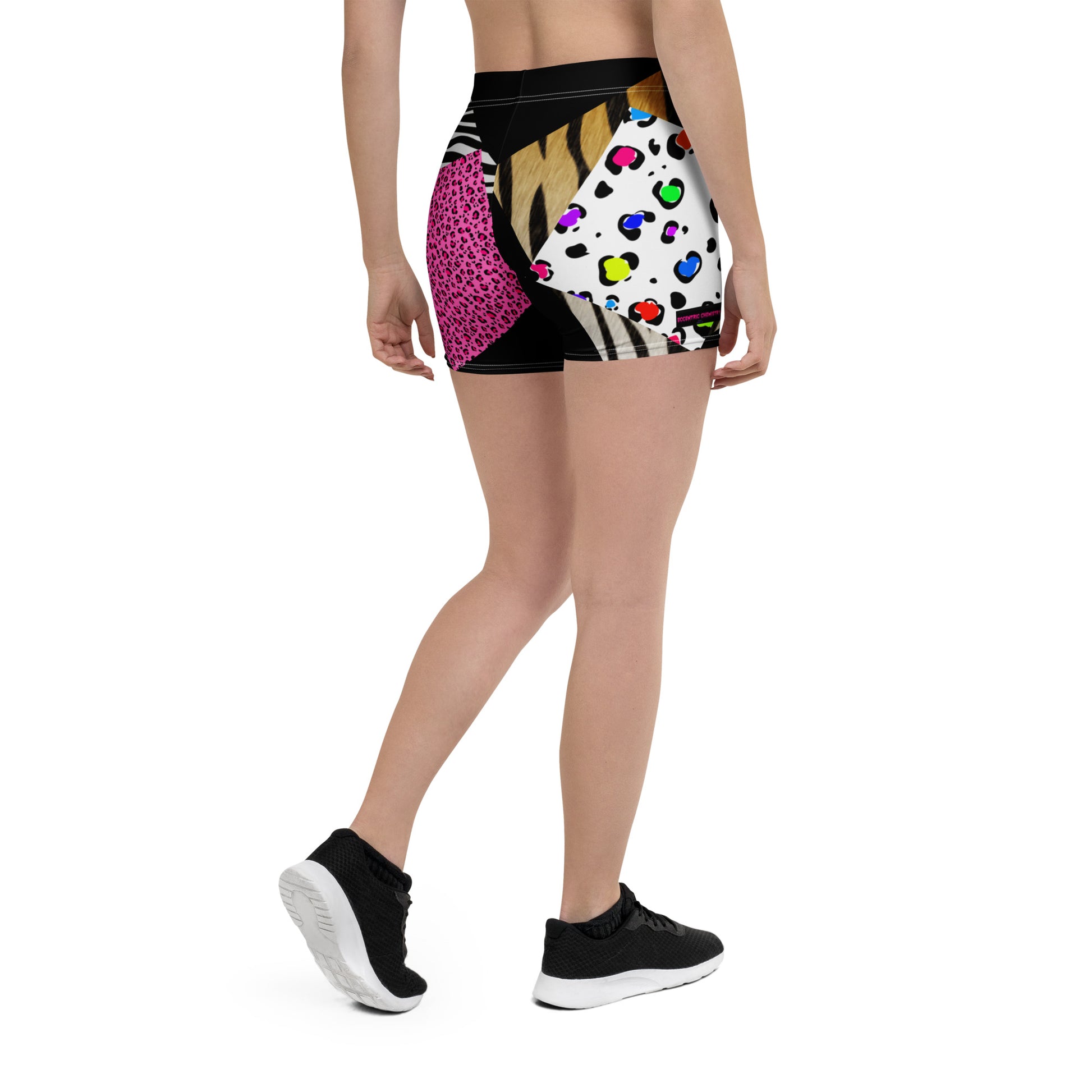 Women’s all-over print shorts with primal pattern design, made by Eccentric Chemistry’s Laboratory of Strange & Stylish Things.