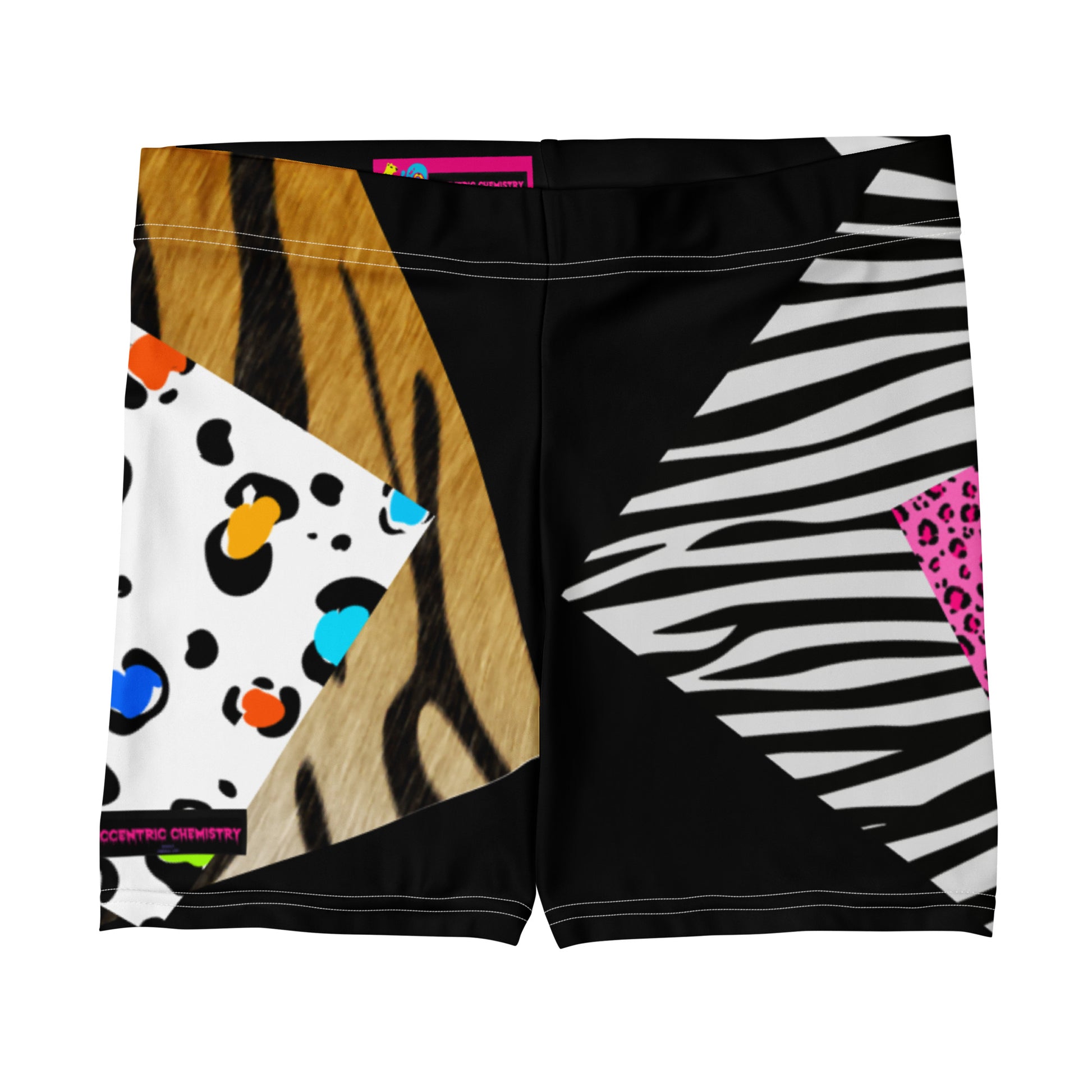 Women’s white all-over print shorts with primal pattern, cut-sew design by Eccentric Chemistry’s Laboratory of Strange & Stylish Things