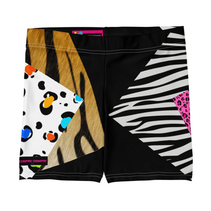 Women’s white all-over print shorts with primal pattern, cut-sew design by Eccentric Chemistry’s Laboratory of Strange & Stylish Things