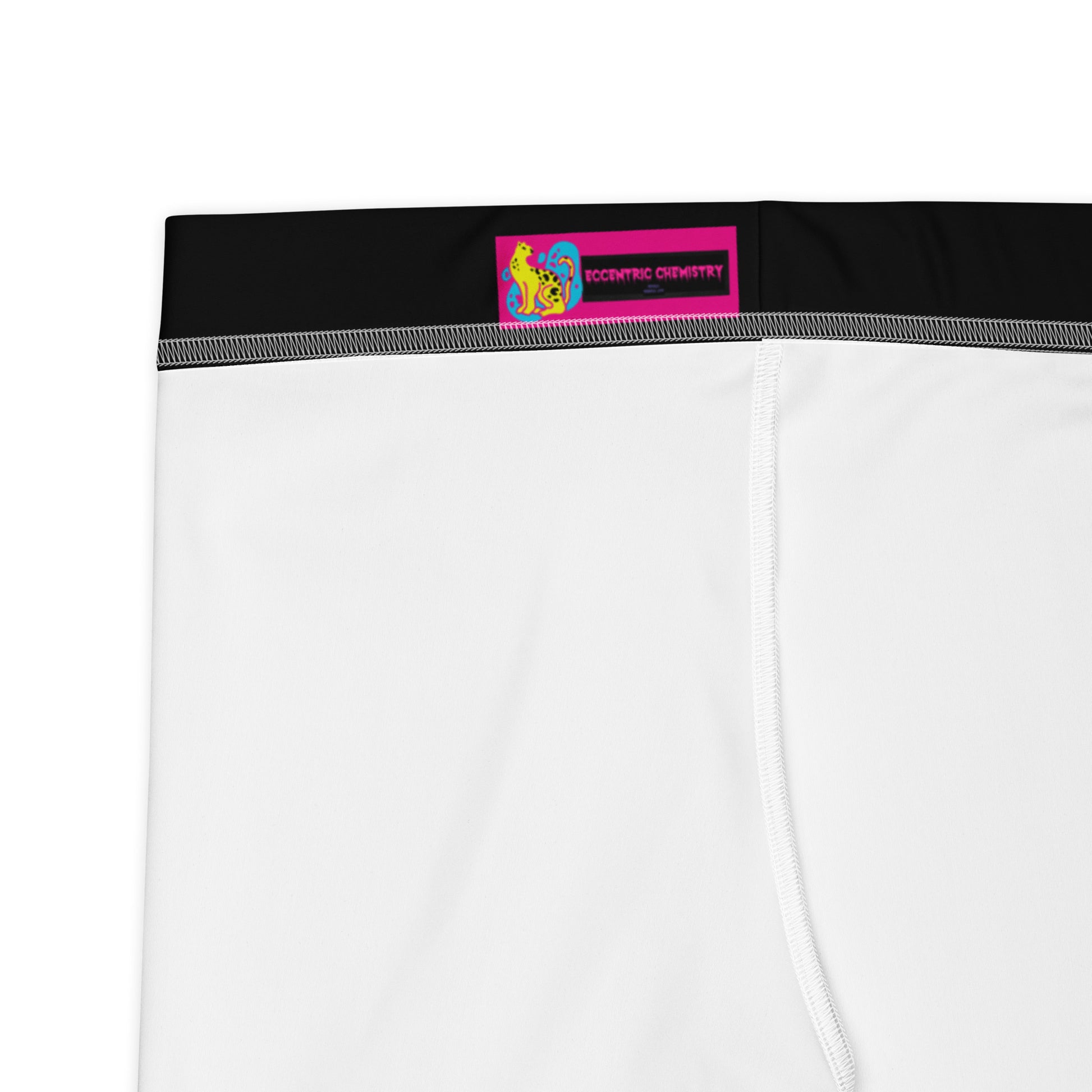 Women’s white all-over print shorts from Eccentric Chemistry’s Primal Pattern Experiment collection, featuring unique cut-sew design.