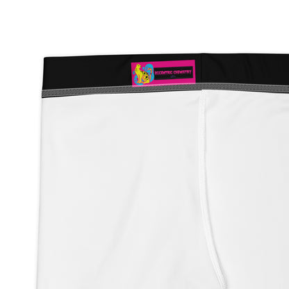 Women’s white all-over print shorts from Eccentric Chemistry’s Primal Pattern Experiment collection, featuring unique cut-sew design.
