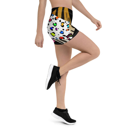 Women’s all-over print shorts with primal pattern from Eccentric Chemistry’s Laboratory of Strange & Stylish Things, featuring a white background.
