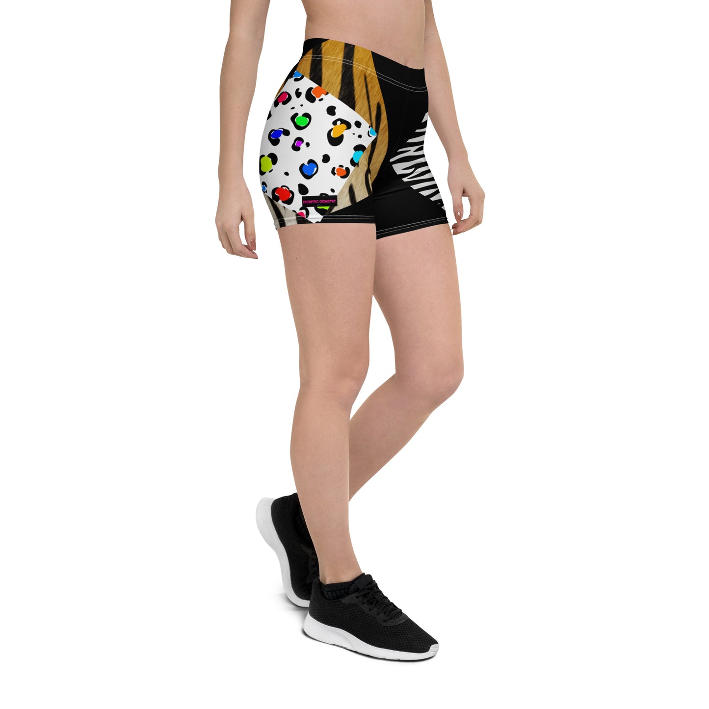 Women’s white Primal Pattern Experiment cut-sew shorts with all-over abstract print by Eccentric Chemistry's Laboratory of Strange & Stylish Things.