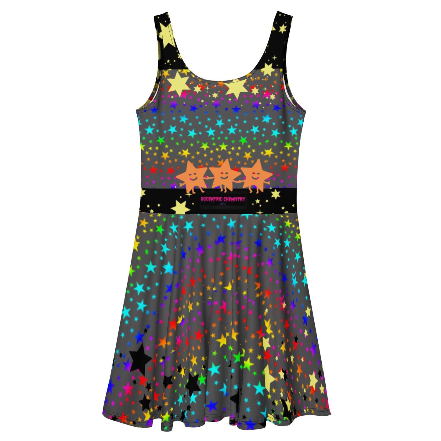 Eccentric Chemistry's Stellar Spectrum Shift Skater Dress with all-over vibrant, colorful cosmic pattern on white fabric.