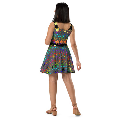 Eccentric Chemistry Stellar Spectrum Shift Skater Dress with all-over abstract print on white background.