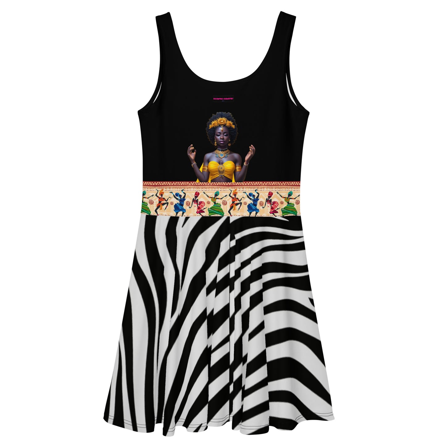 Women’s African Goddess print skater dress by Eccentric Chemistry, featuring a vibrant all-over African-inspired design on white fabric.
