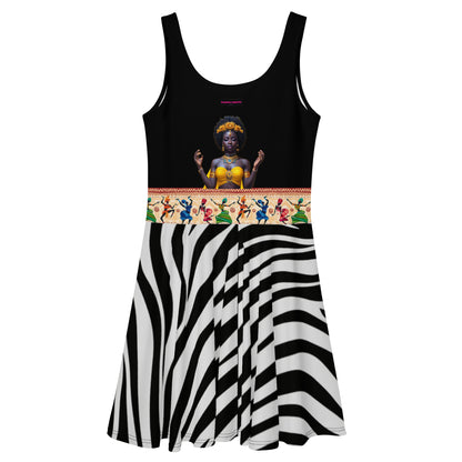 Women’s African Goddess print skater dress by Eccentric Chemistry, featuring a vibrant all-over African-inspired design on white fabric.