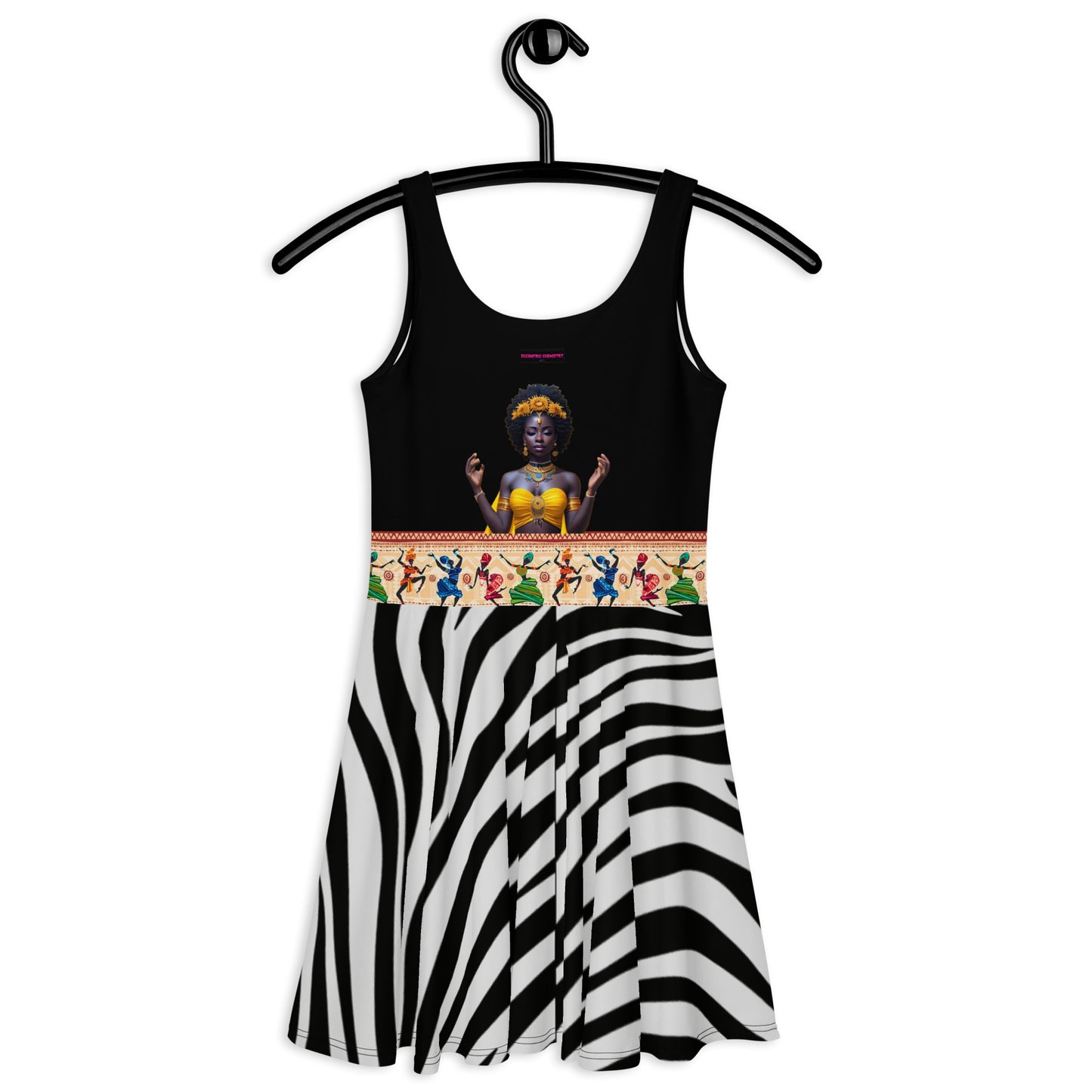 Women’s African Goddess skater dress with all-over white print, stylish and comfortable from Eccentric Chemistry's Tiny Shop of T-Shirt Horrors