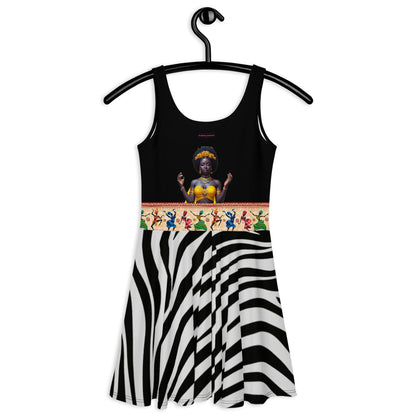 Women’s African Goddess skater dress with all-over white print, stylish and comfortable from Eccentric Chemistry's Tiny Shop of T-Shirt Horrors