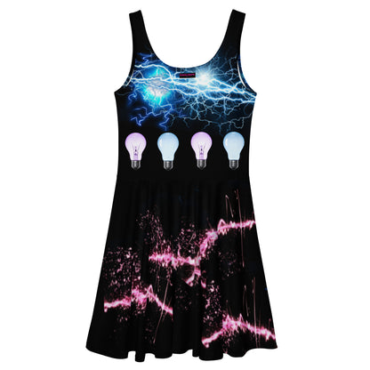 Eccentric Chemistry's Electric Chaos Twirl Skater Dress with all-over abstract print on white fabric, back view.