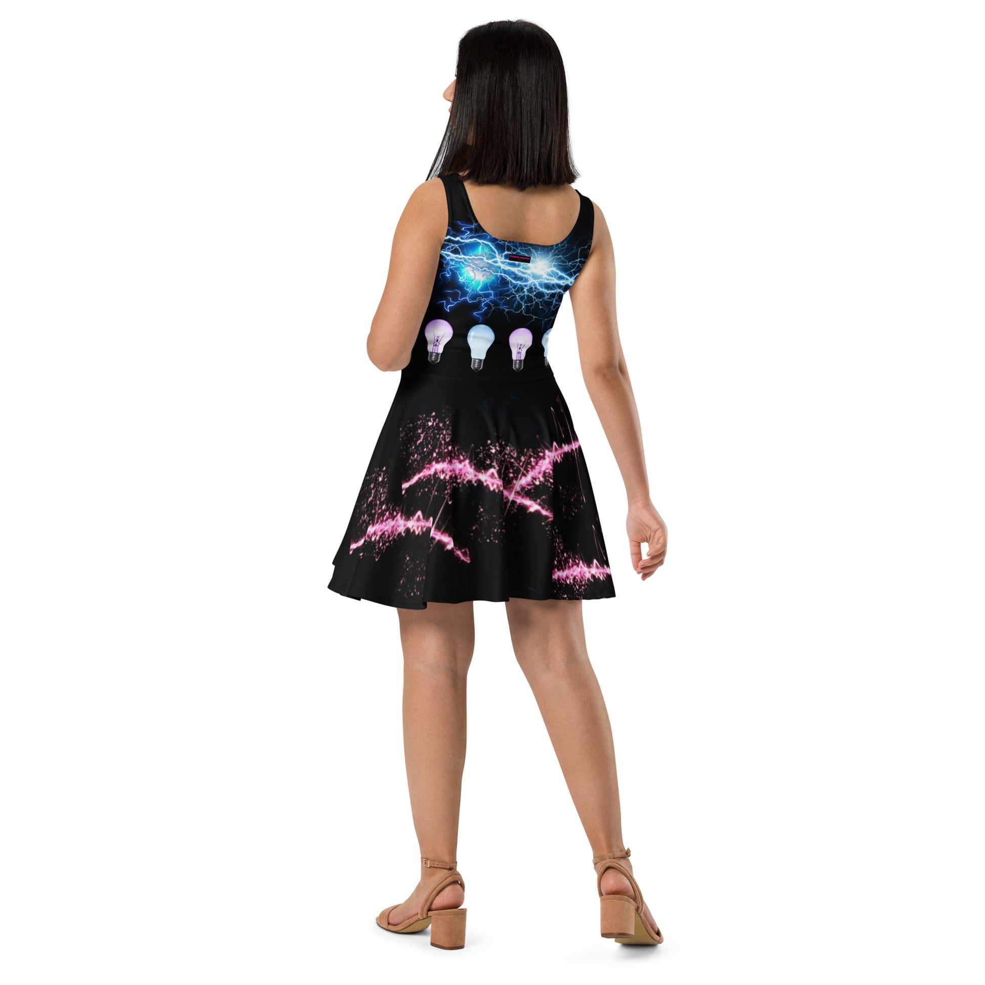 White all-over-print skater dress with chaotic, colorful graphic design from Eccentric Chemistry's Tiny Shop of T-Shirt Horrors.