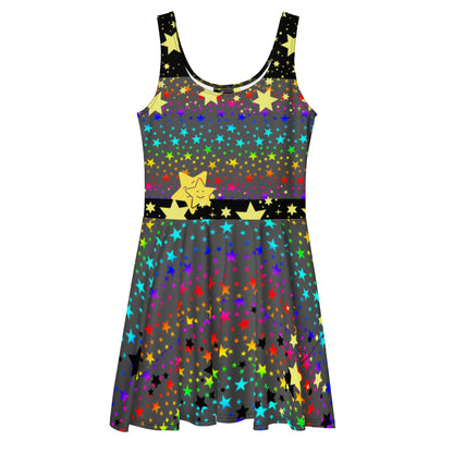 Eccentric Chemistry Stellar Spectrum Shift Skater Dress with all-over psychedelic print, white background, front view.