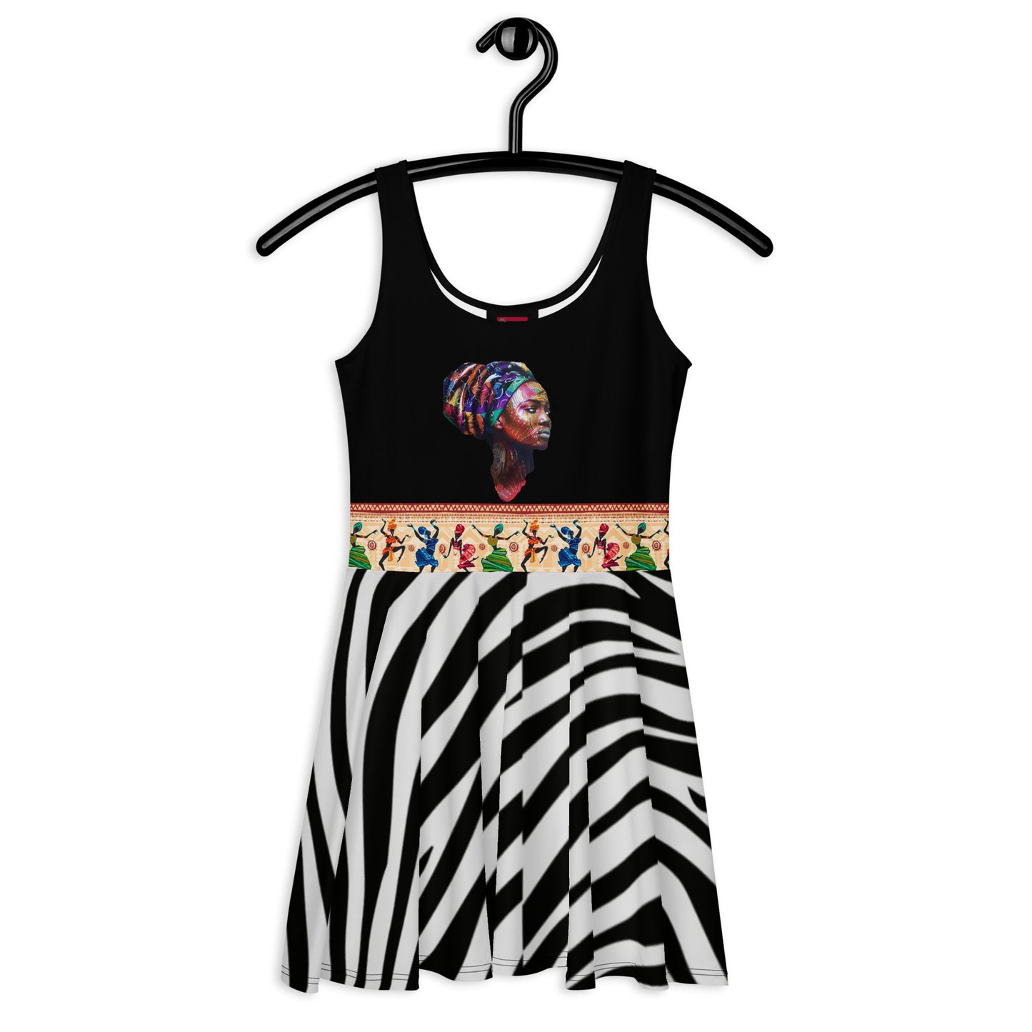 Women’s African Goddess skater dress with all-over print, featuring vibrant designs on a white background, by Eccentric Chemistry.