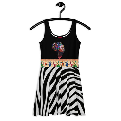 Women’s African Goddess skater dress with all-over print, featuring vibrant designs on a white background, by Eccentric Chemistry.