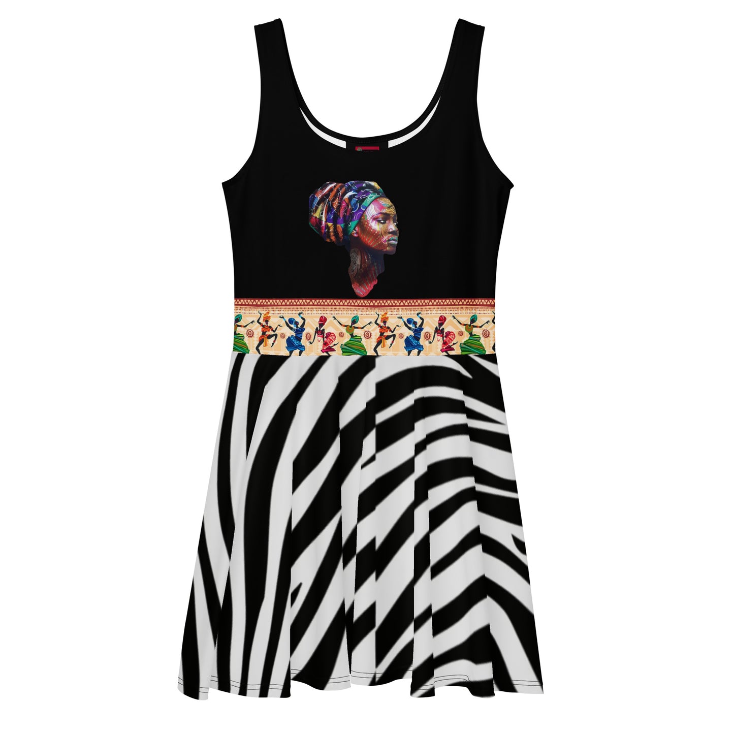 Women’s African Goddess skater dress by Eccentric Chemistry featuring an all-over print on a white background.