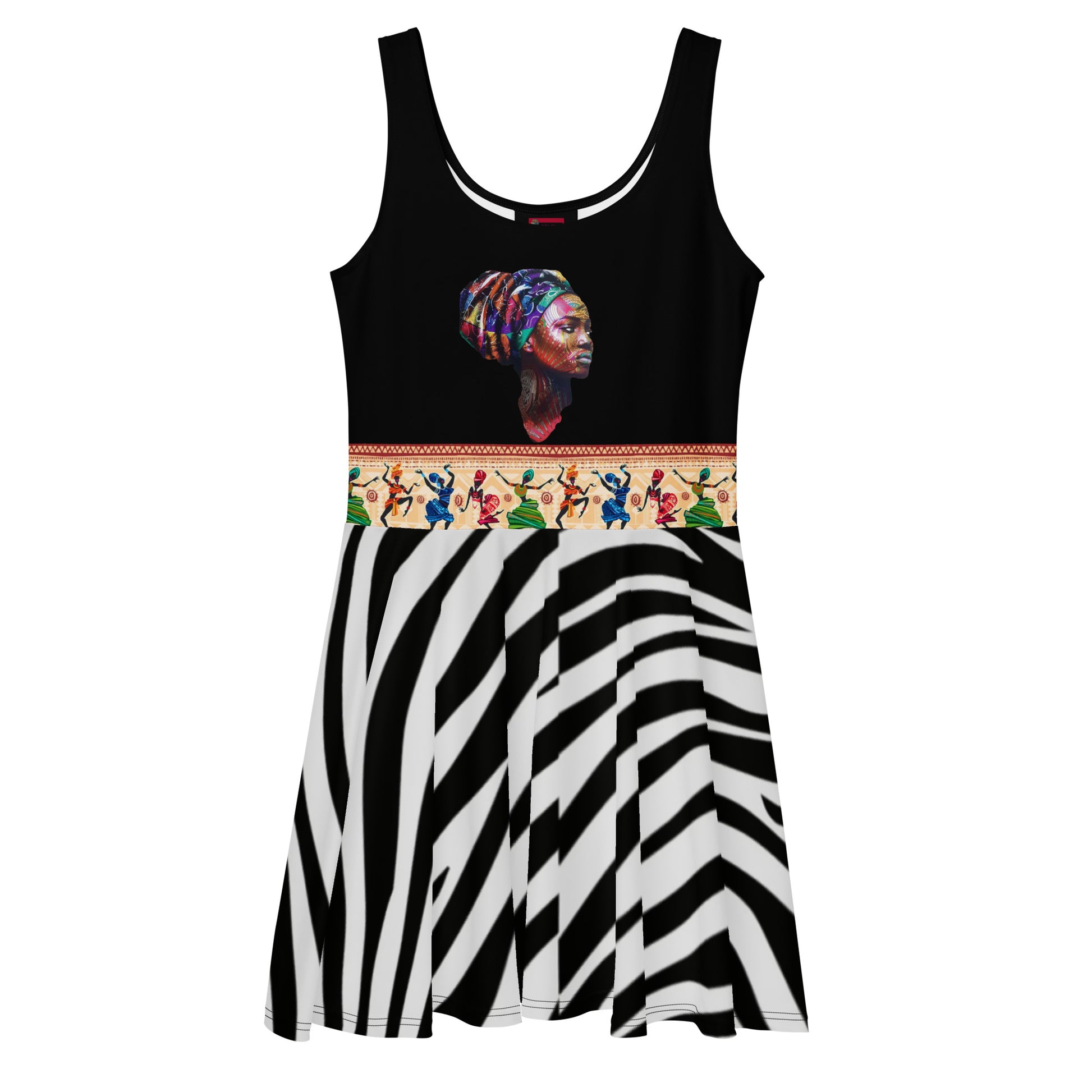 Women’s African Goddess skater dress by Eccentric Chemistry featuring an all-over print on a white background.