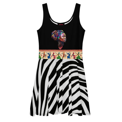 Women’s African Goddess skater dress by Eccentric Chemistry featuring an all-over print on a white background.