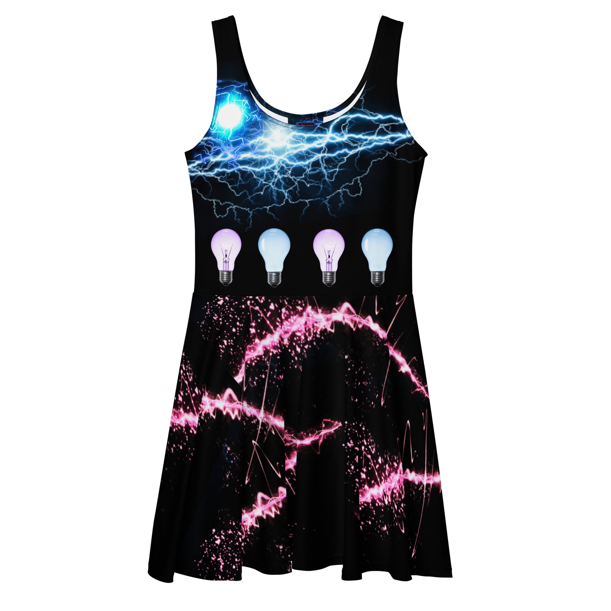 White all-over-print skater dress featuring colorful chaotic and experimental designs by Eccentric Chemistry's Tiny Shop of T-Shirt Horrors.