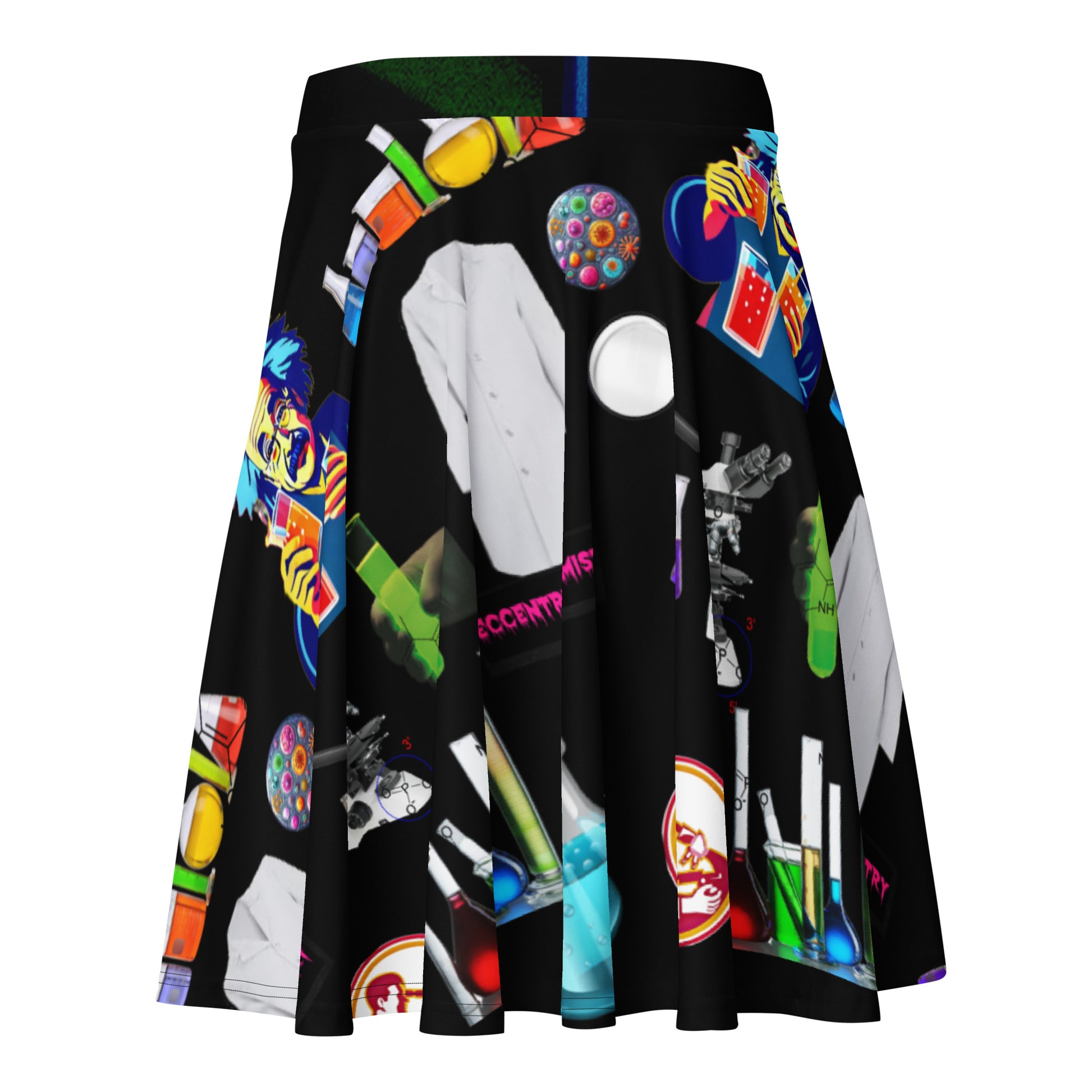 All-over print skater skirt featuring midnight molecule spin experiment pattern from Eccentric Chemistry's Tiny Shop of T-Shirt Horrors.