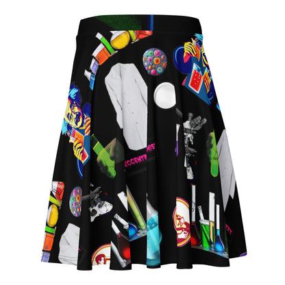 All-over print skater skirt featuring midnight molecule spin experiment pattern from Eccentric Chemistry's Tiny Shop of T-Shirt Horrors.