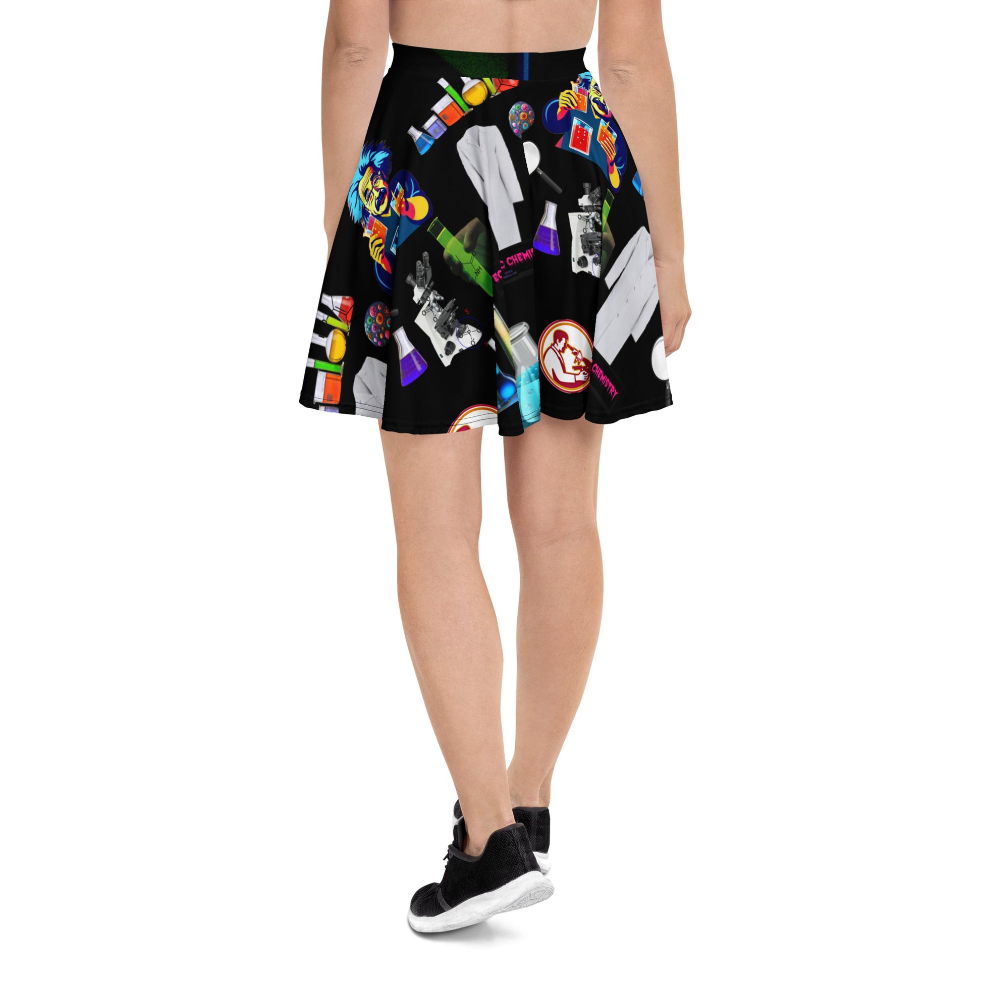 White all-over print skater skirt featuring Midnight Molecule Spin Experiment design by Eccentric Chemistry's Tiny Shop of T-Shirt Horrors.