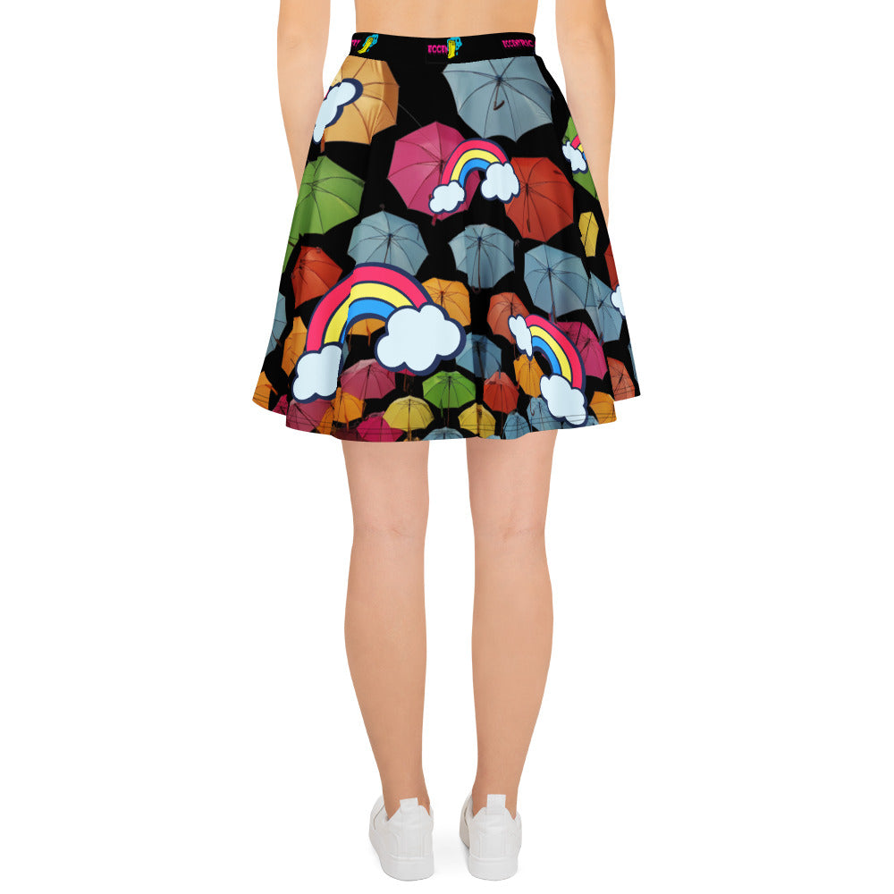 Unisex skater skirt with chromatic rainfall experiment print, white background, all-over design from Eccentric Chemistry's Tiny Shop.