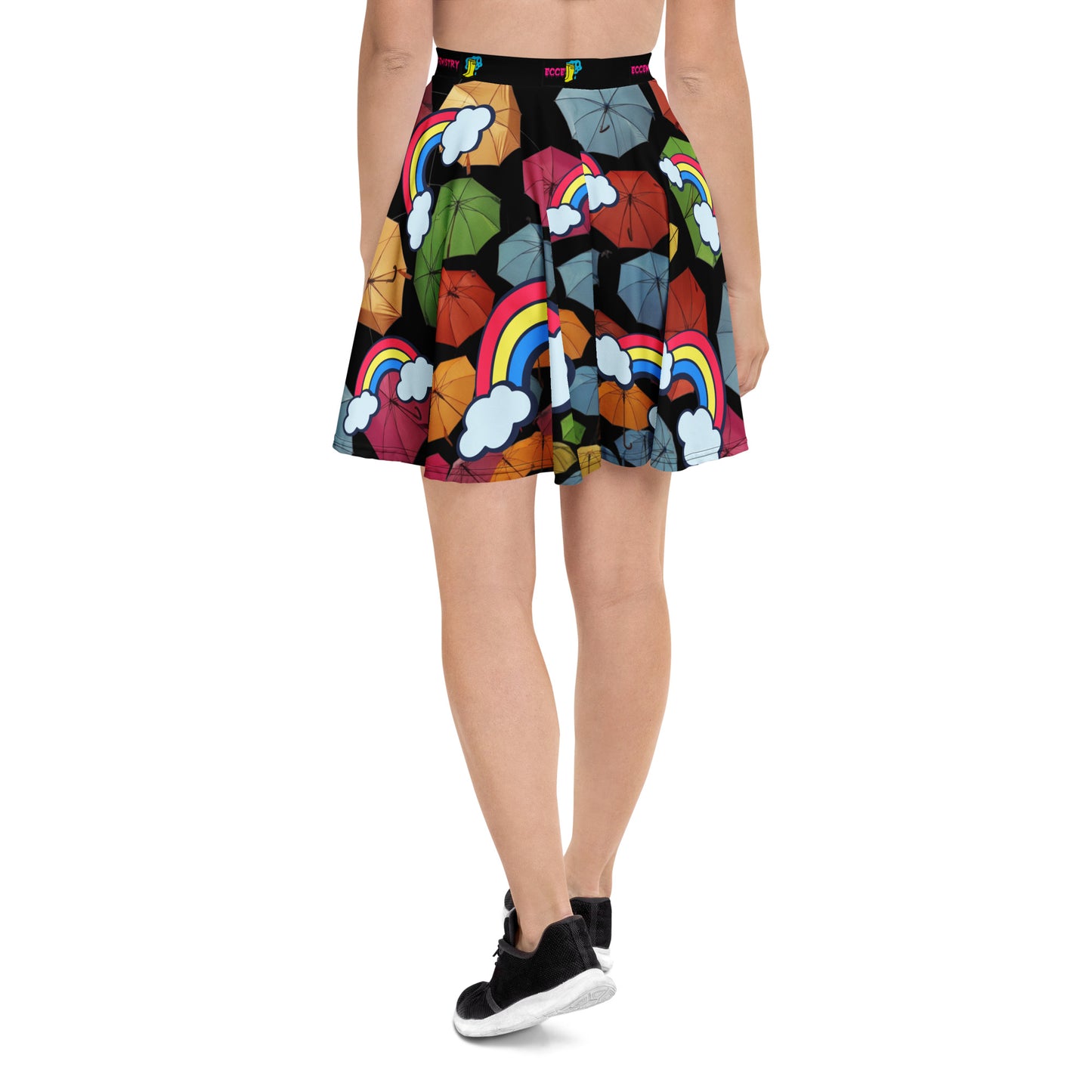 Unisex skater skirt with Chromatic Rainfall Experiment print in white, featuring colorful, scientific-inspired all-over pattern.