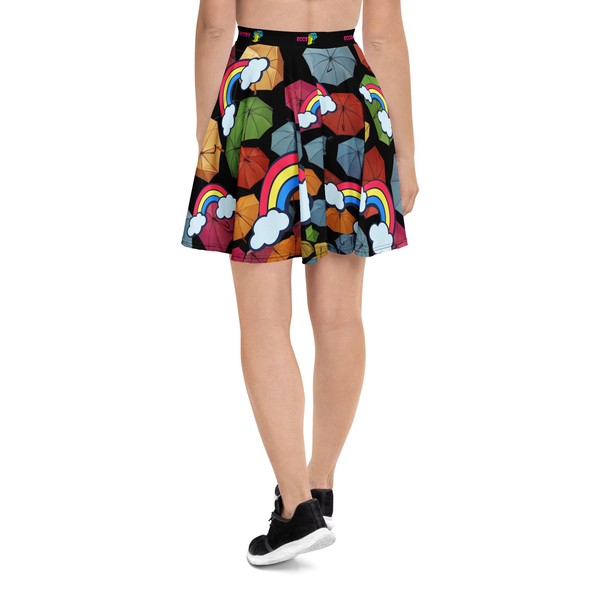 Unisex skater skirt with Chromatic Rainfall Experiment print in white, featuring colorful, scientific-inspired all-over pattern.