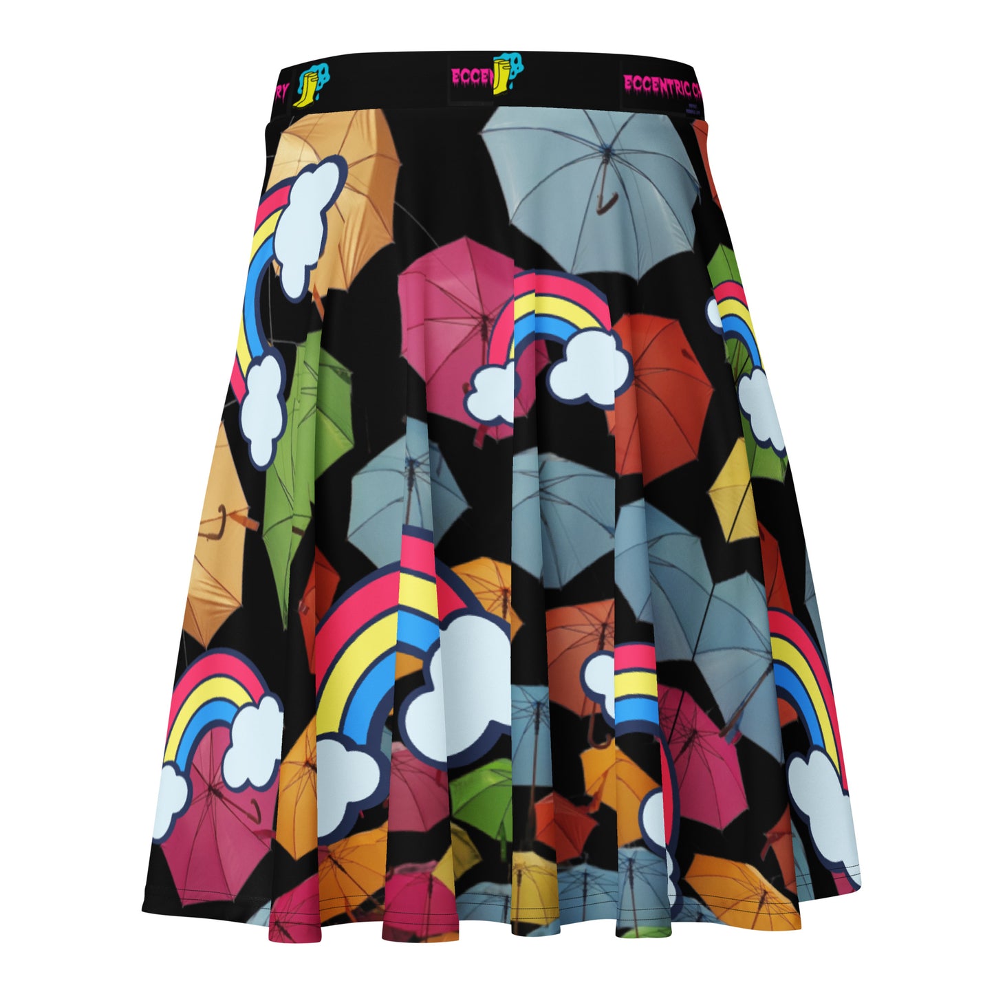 Unisex skater skirt with chromatic rainfall experiment print in white, showcasing vibrant all-over design and casual style.