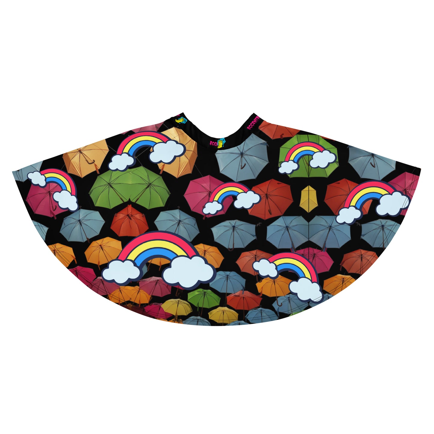 Unisex skater skirt with chromatic rainfall print, white background, by Eccentric Chemistry's Tiny Shop of T-Shirt Horrors