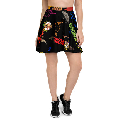 Eccentric Chemistry's Skater Skirt Fossilcore Chaos Spin Experiment with all-over white print featuring abstract, chaotic designs.