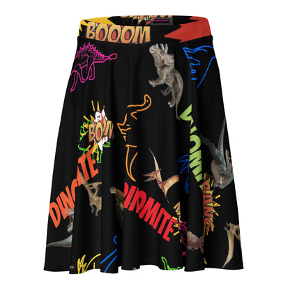 All-over print skater skirt featuring chaotic fossil-inspired designs in white, from Eccentric Chemistry's Tiny Shop of T-Shirt Horrors.