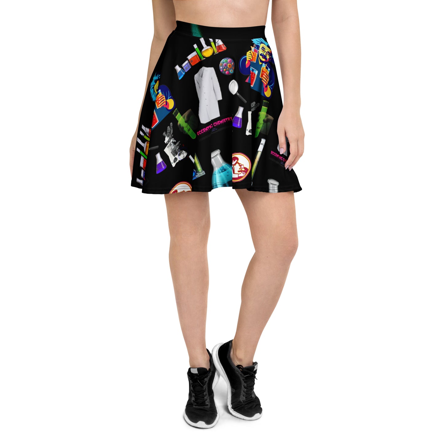White skater skirt featuring a midnight molecule spin experiment print by Eccentric Chemistry's Tiny Shop of T-Shirt Horrors