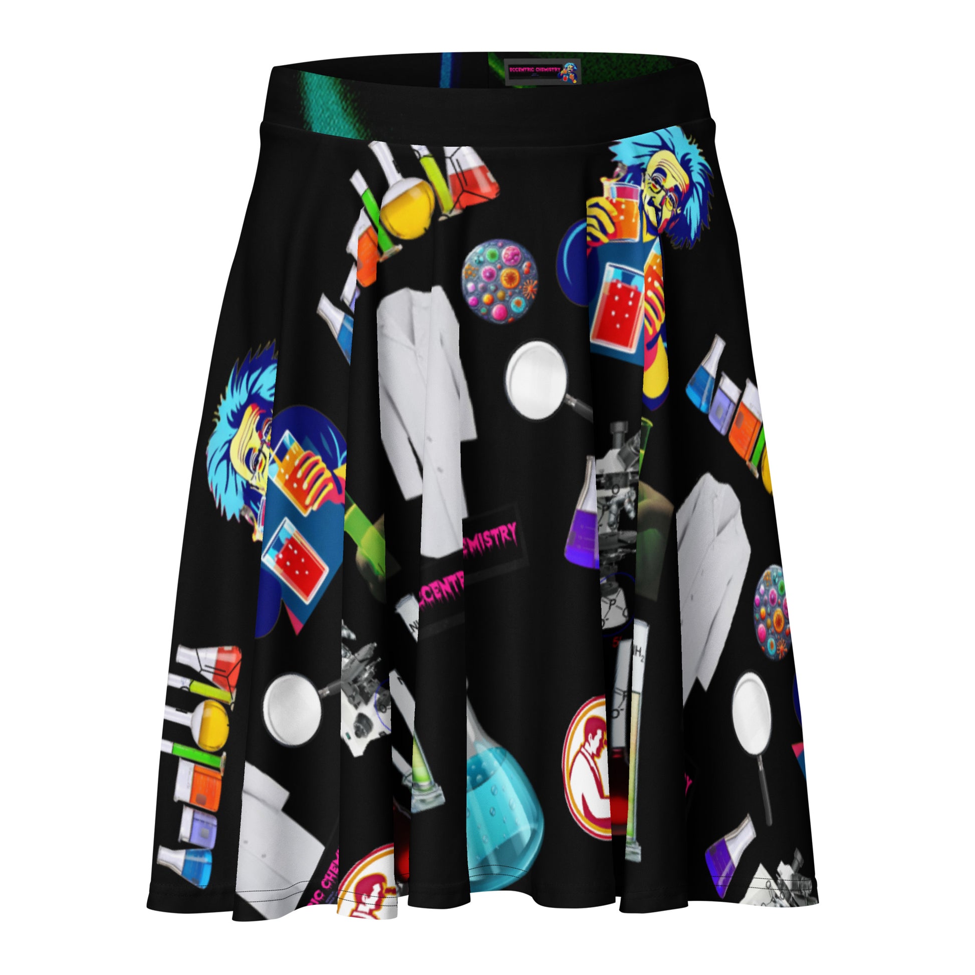 White all-over-print skater skirt featuring Midnight Molecule Spin Experiment design by Eccentric Chemistry's Tiny Shop of T-Shirt Horrors.