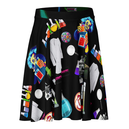 White all-over-print skater skirt featuring Midnight Molecule Spin Experiment design by Eccentric Chemistry's Tiny Shop of T-Shirt Horrors.