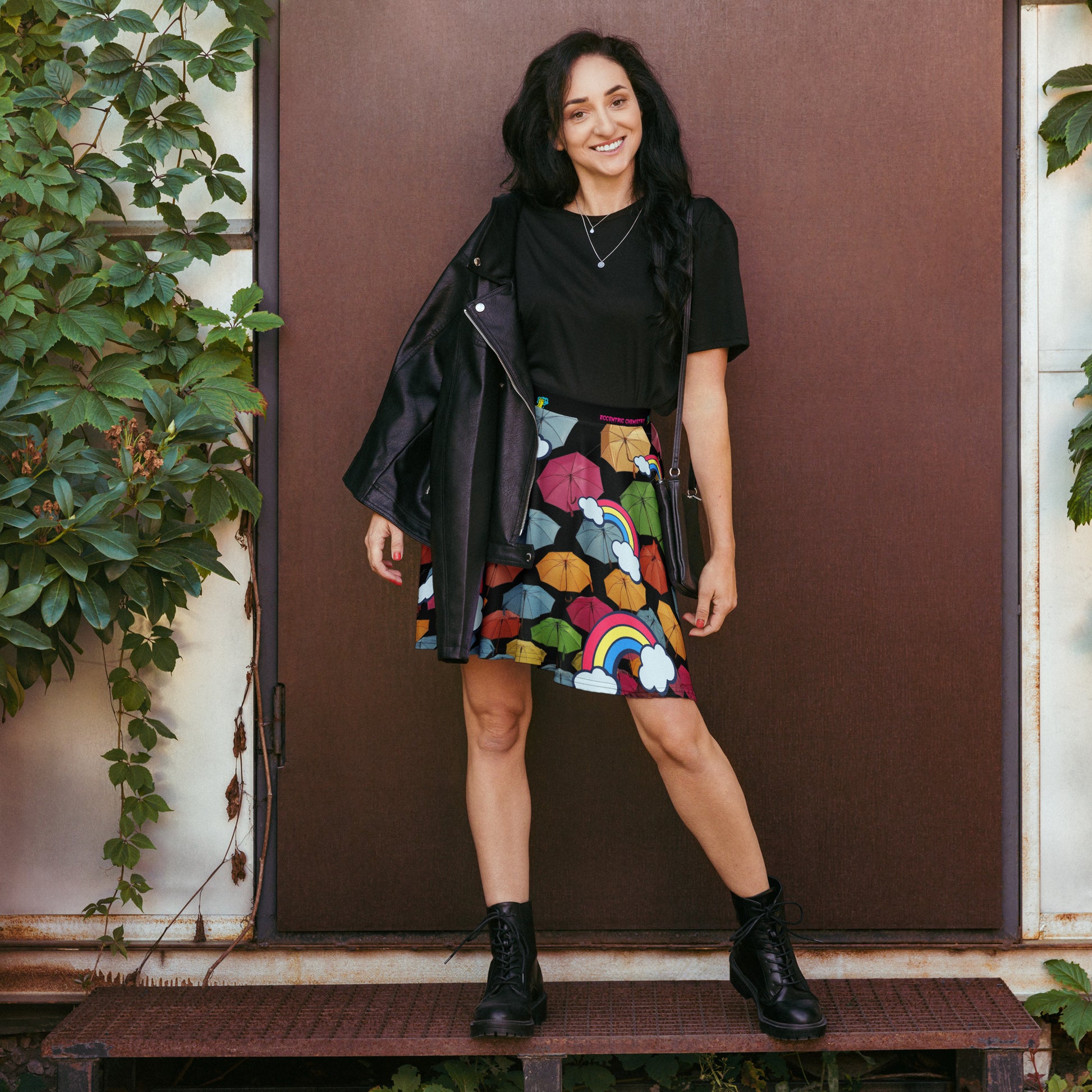 Unisex skater skirt with all-over Chromatic Rainfall Experiment print in white, featuring colorful scientific pattern design.