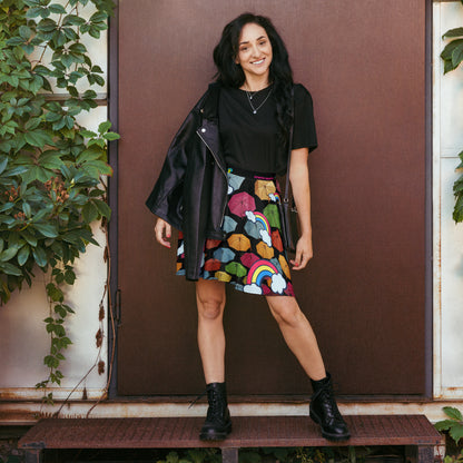 Unisex skater skirt with all-over Chromatic Rainfall Experiment print in white, featuring colorful scientific pattern design.