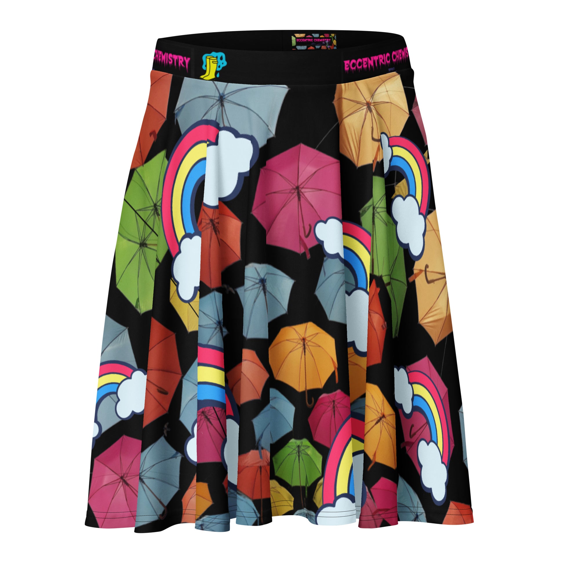 Unisex skater skirt with all-over chromatic rainfall experiment print, white background, stylish and vibrant fashion piece from Eccentric Chemistry