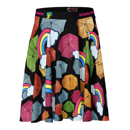 Unisex skater skirt with all-over chromatic rainfall experiment print, white background, stylish and vibrant fashion piece from Eccentric Chemistry