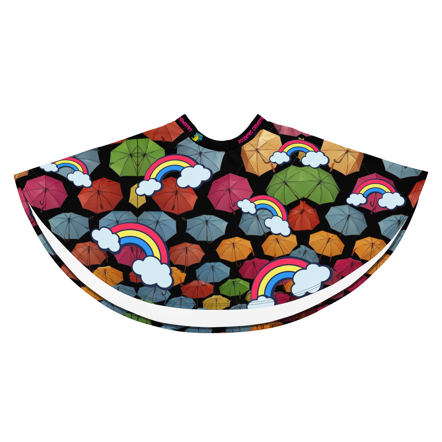 Unisex skater skirt with chromatic rainfall experiment print in white, featuring vibrant, all-over scientific-inspired design.