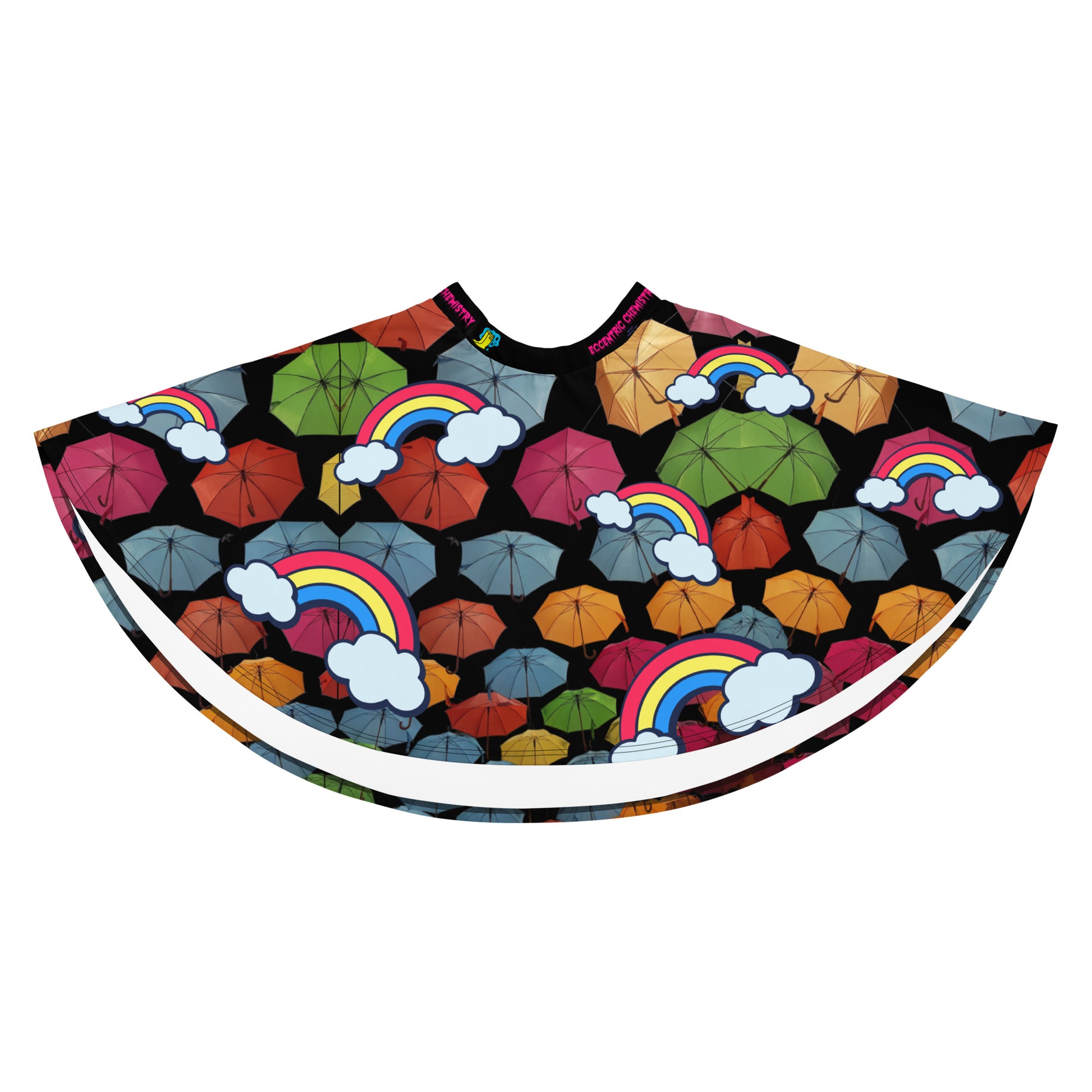 Unisex skater skirt with chromatic rainfall experiment print in white, featuring vibrant, all-over scientific-inspired design.