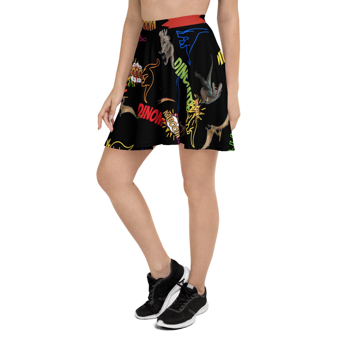 White skater skirt featuring all-over print with chaotic, experimental designs from Eccentric Chemistry's Fossilcore Chaos Spin collection.