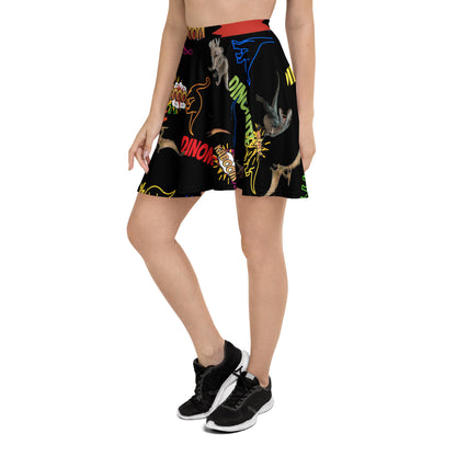 White skater skirt featuring all-over print with chaotic, experimental designs from Eccentric Chemistry's Fossilcore Chaos Spin collection.