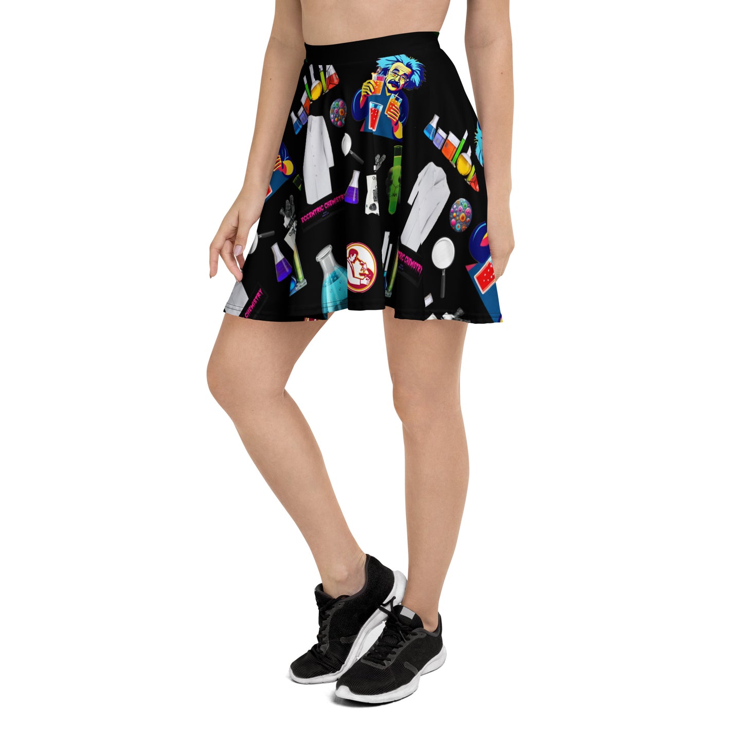 White all-over-print skater skirt featuring midnight molecule spin experiment design from Eccentric Chemistry's Tiny Shop of T-Shirt Horrors.