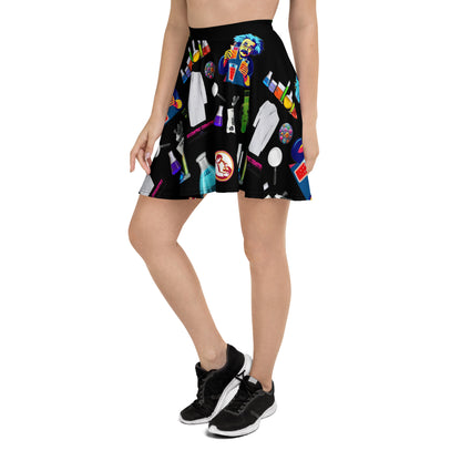 White all-over-print skater skirt featuring midnight molecule spin experiment design from Eccentric Chemistry's Tiny Shop of T-Shirt Horrors.