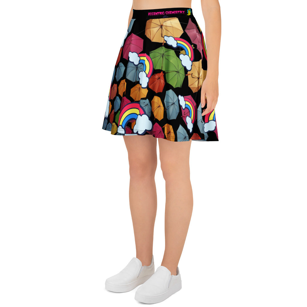 Unisex skater skirt with all-over chromatic rainfall experiment print in white, featuring vibrant, scientific-inspired design.