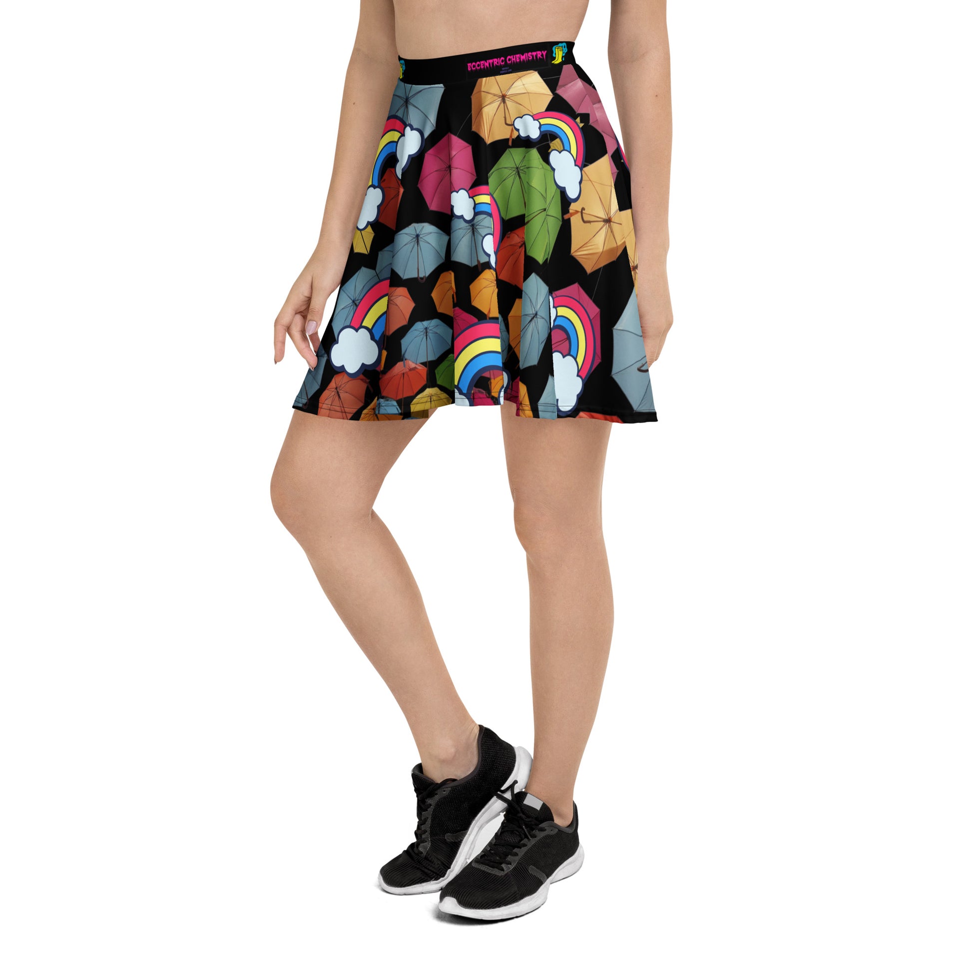 Unisex skater skirt with all-over chromatic rainfall experiment print, featuring vibrant colors on a white background.