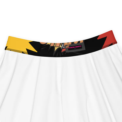 Eccentric Chemistry's Tiny Shop of T-Shirt Horrors skater skirt with chaos spin experiment all-over print on white fabric.