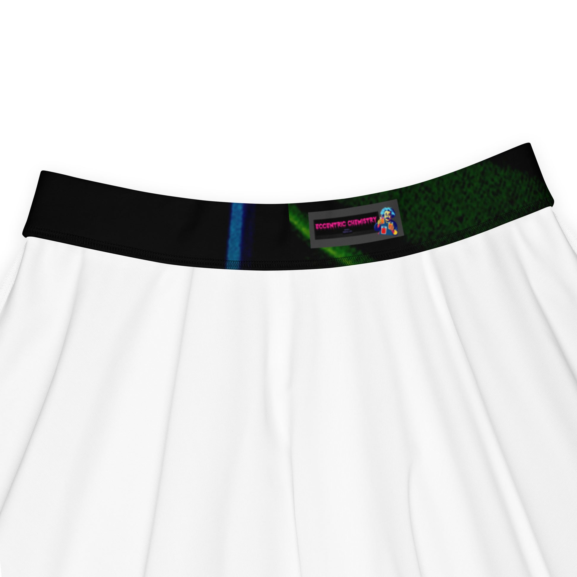 Eccentric Chemistry's Skater Skirt Midnight Molecule Spin Experiment with all-over scientific print on white fabric.